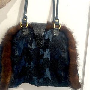 Black Floral Lace Denim Tote with Brown Fur Trim